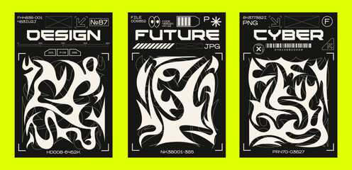 Y2K posters in retro futuristic style. Tribal style elements for 90s design. Printable vector banner collection	