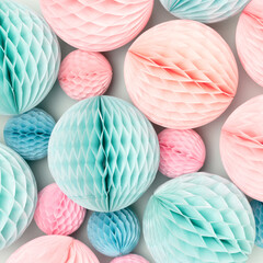Blue and pink tissue paper balls texture. Festive background. Selective focus.