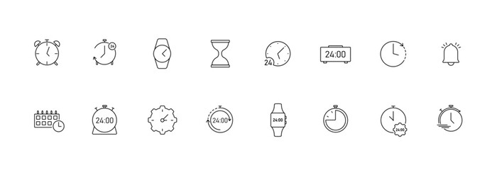 Clock icons set. Mechanical and electronic timers with speed control for business deadlines and vector time calendering