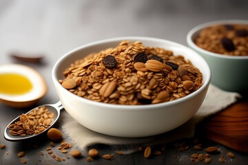 Obraz premium Bowl with granola on an old wooden table