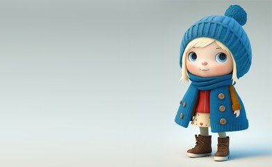 Cute Cartoon Blonde Girl in a Blue Hat and Scarf with Room for Copy (Generative AI)