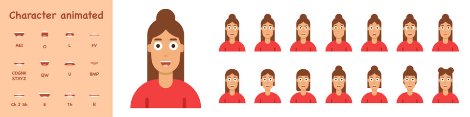 Character lip sync set. Cartoon young woman with different emotions and hairstyle. Mouth and lips for sound pronunciation. Flat style. Vector illustration - obrazy, fototapety, plakaty