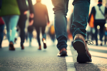 Close-up a person is walking on the crosswalk among crowd of people, busy life in the city scene. Generative Ai image.