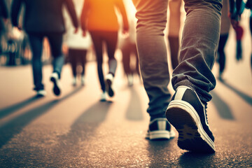 Close-up a person is walking on the crosswalk among crowd of people, busy life in the city scene. Generative Ai image.