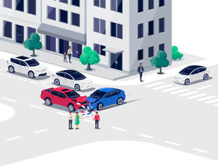 Car collision crash accident on city street road crossroad. Downtown buildings, people on sidewalk. Person with phone calling police help, insurance company. Head-on hit damaged vehicles in traffic.