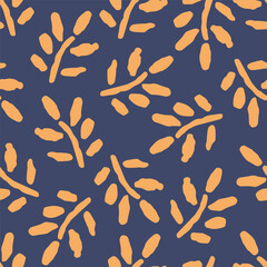 Simple floral vector seamless pattern. Bright orange twigs, leaves on a dark blue background. For fabric prints, textile products, men's shirts, clothes.