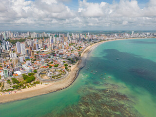 Aerial photo of cabo branco beach in the city of joao pessoa, paraiba, brazil