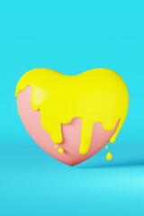 Heart yellow blue paint splash melting glossy Ukrainian national flag glaze 3d rendering white background isolate. Support Ukraine concept. Patriotic banner design element. Country symbolics clipart.