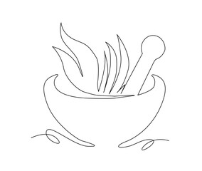 Continuous one line drawing of mortar with herbs . Simple illustration of traditional mortar line art vector illustration.