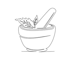 Continuous one line drawing of mortar with herbs . Simple illustration of traditional mortar line art vector illustration.