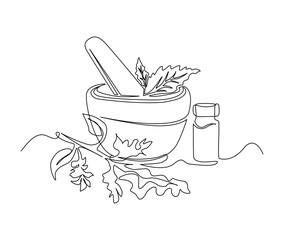 Continuous one line drawing of mortar with herbs . Simple illustration of traditional mortar line art vector illustration.