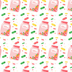 seamless pattern with jar, hearts and sweets. on white background. vector illustration. 