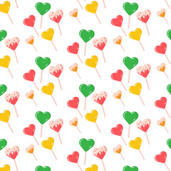 seamless pattern with hearts lollipops and ice cream. on white background. vector illustration. happy valentines day