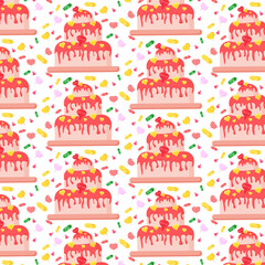 seamless pattern of cake, pie, sweets, and hearts on white background. vector illustration. happy valentines day 
