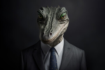 Generative AI illustration anthropomorphic portrait of cunning crocodile in elegant suit