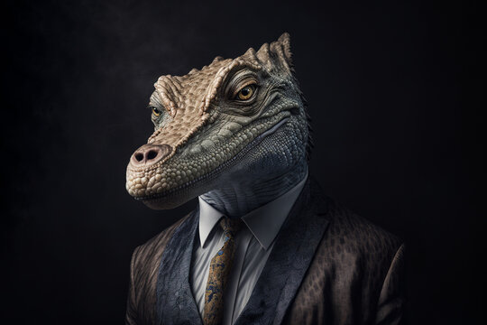 Generative AI illustration anthropomorphic portrait of cunning crocodile in elegant suit