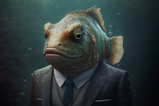 Generative AI illustration anthropomorphic portrait of fish in gray suit