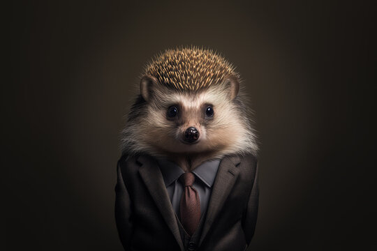 Generative AI illustration anthropomorphic portrait of cute young hedgehog in suit