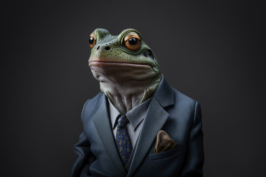 Generative AI illustration anthropomorphic portrait of aged frog in formal suit