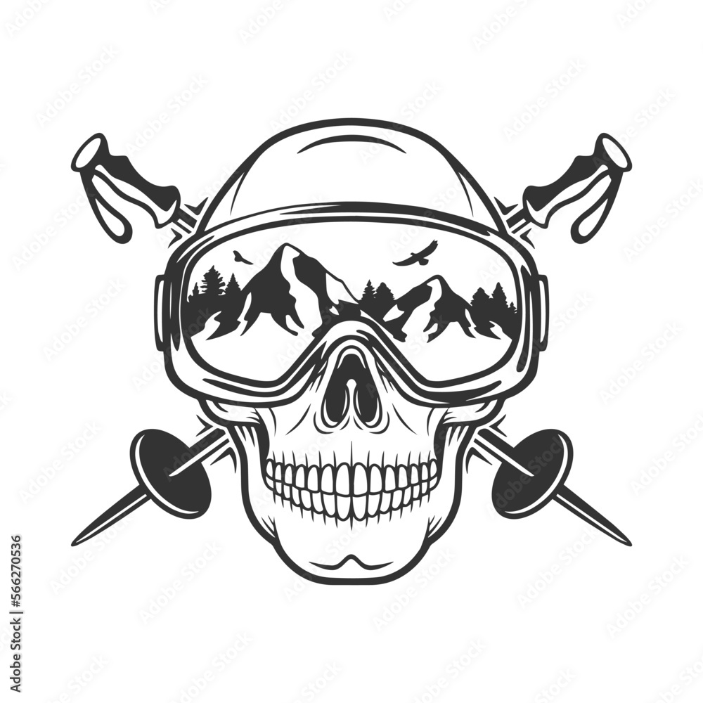 Wall mural ski skull illustration clip art design shape. winter snow sports silhouette icon vector.