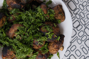 Pork, beef, lamb steak. Hearty dinner. Family dinner with greens on a white plate. High quality photo