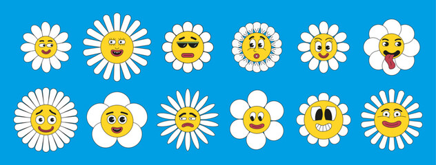 Crasy, groovy hippie 70s, 60s, 50s set vector. Plant character with mascot. Crazy mems of eyes and mouths. Sad, happy emotions . Funny cartoon chamomile - obrazy, fototapety, plakaty