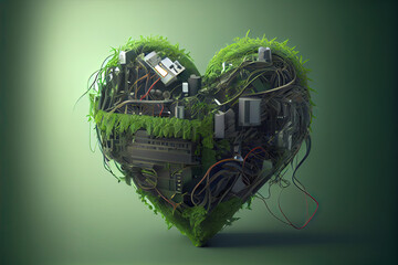 Electronic heart shape concept made of ruin environment