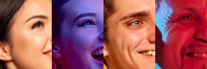 Collage. Close-up cropped side view portraits of diverse people, man and women smiling. Feeling...