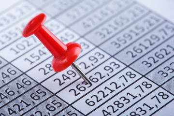 Marking financial chart by pins.Share listing and checking financial chart. Concept of banking, financial report and financial audit.
