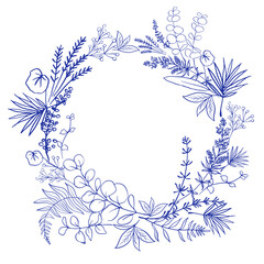 Botanical wreath with herbs, eucalyptus and fern. Hand drawn illustration with blue ink on white.