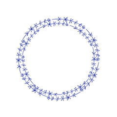 Botanical wreath with herbs. Hand drawn illustration with blue ink on white.