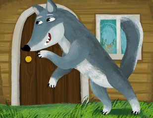 cartoon evil wolf spying near wooden house illustration