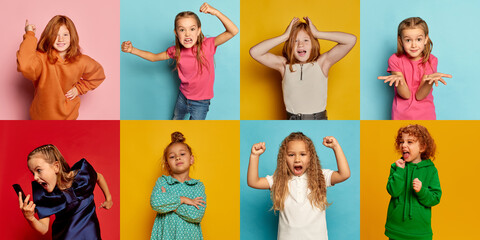 Collage. Portraits of little children, girls showing loud emotions, shouting, screaming, posing over multicolored background. Diversity of emotions. Concept of emotions, facial expression, childhood
