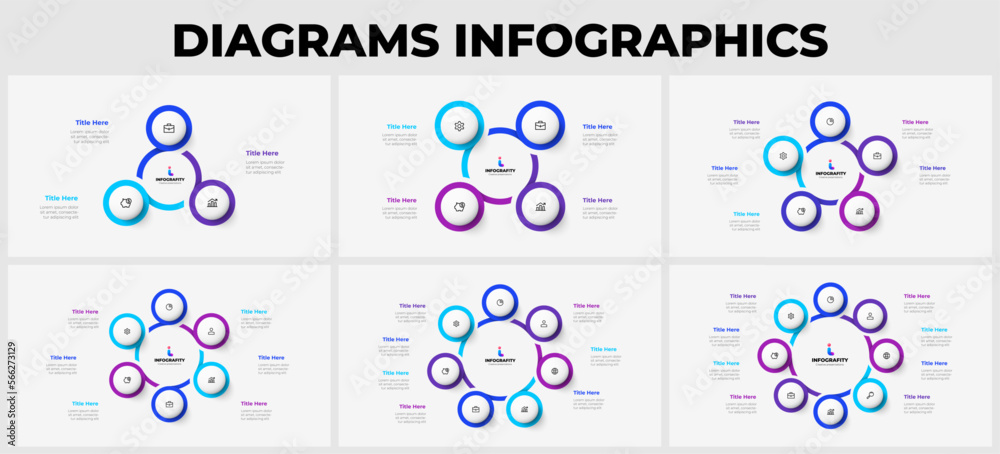 Poster Slides with circle infographics elements for business presentation. Vector cycle design templates. Concept with 3, 4, 5, 6, 7 and 8 options, parts or steps