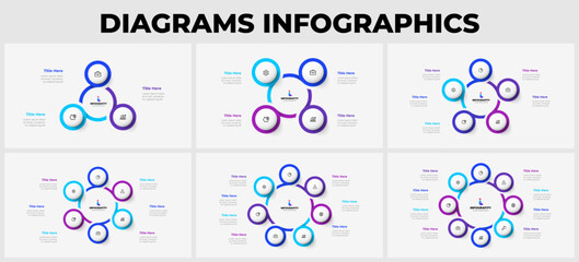 Slides with circle infographics elements for business presentation. Vector cycle design templates. Concept with 3, 4, 5, 6, 7 and 8 options, parts or steps