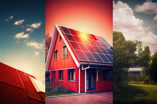 Photo of solar photovoltaic panels on a red roof and beautiful sky at sunset.