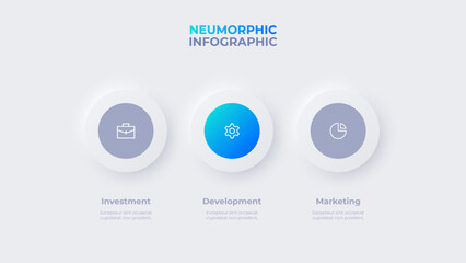 Neumorphic infographic timeline design template. Business data visualization with 3 options. Concept of development process
