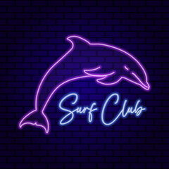 silhouette of dolphin. Pink and blue neon style on black violet background.