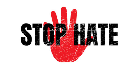 Stop Hate. Red Rubber Stamp. with hand vector graphic
