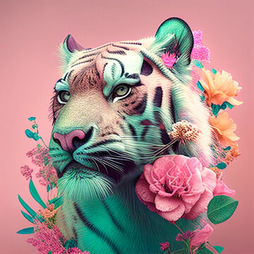 Pastel pink animal concept, love animal covered with fresh spring flowers all over its body. Pink tiger. Illustration. Generative AI.