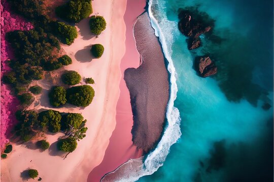 Spectacular top view from drone photo of beautiful pink beach. Generative AI