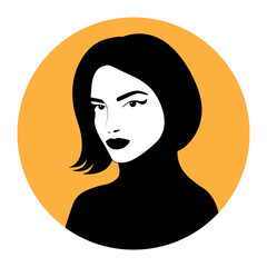 Silhouette of a woman with a short haircut on a round yellow background. Vector minimalist portrait of a woman.