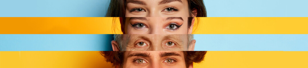 Collage. Eyes of different people, man and women placed on narrow stripes over multicolored...