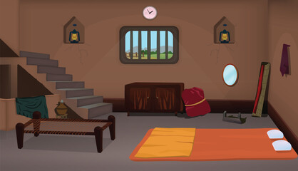 Village room inside cartoon background vector, Poor house room interior vector illustrations.