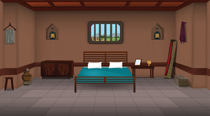 Village room inside cartoon background vector, Poor house room interior vector illustrations.