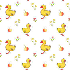 endless pattern with ducks and apples with colored background