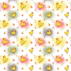 endless pattern with ducks and apples with colored background