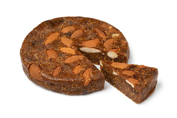 Single round fig bread with almonds and a piece isolated on white background