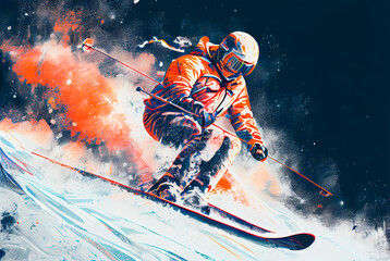 Generative AI illustration of a free rider ski descending a slope