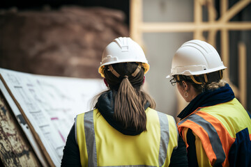 women looking at a blueprint at construction site wearing white helmet, ai generated